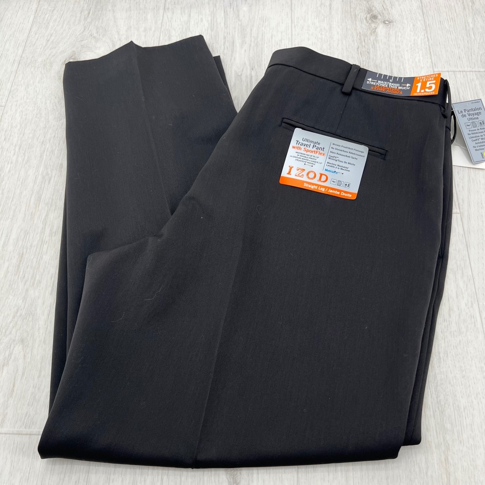 IZOD Mens‎ Ultimate Travel Pant SportFlex Straight Leg Black 40x30 NWT 40W 30L